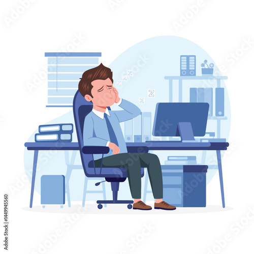 businessman sleeping on chair flat with office background design illustration