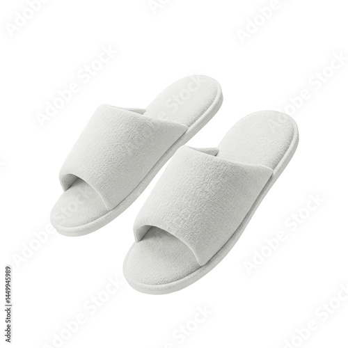 Floating pair of spa slippers in white terrycloth on a solid white background