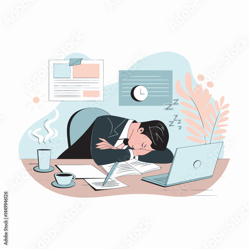 businessman sleeping on chair flat with office background illustration