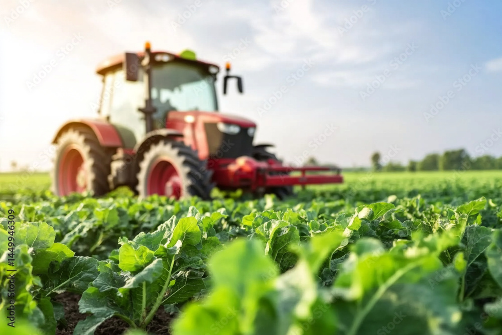 Tractor working in lush green field during early evening in agricultural landscape Tractor working in lush green field during early evening in agricultural landscape