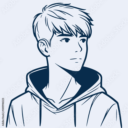 young man headshot in hoodie looking sideways outline portrait