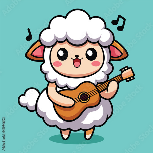 Enjoy the whimsical sight of a chibi sheep playing guitar, depicted as a delightful cartoon mascot character.
