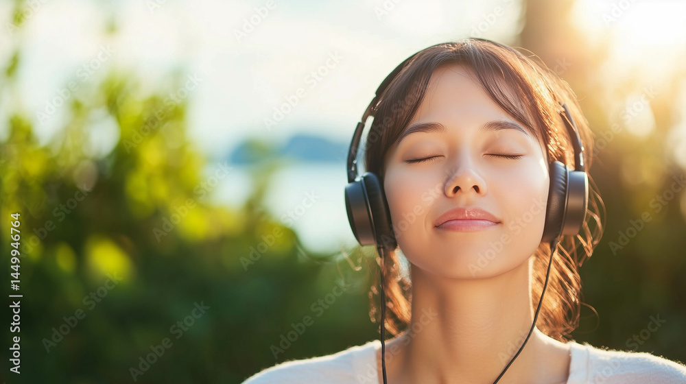 A serene Asian woman relaxes with closed eyes, immersing herself in the soothing sounds from her headphones.