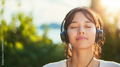 Obraz na płótnie A serene Asian woman relaxes with closed eyes, immersing herself in the soothing sounds from her headphones. w salonie