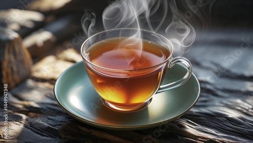 Photorealistic image of a steaming cup of herbal tea with a lemon slice
