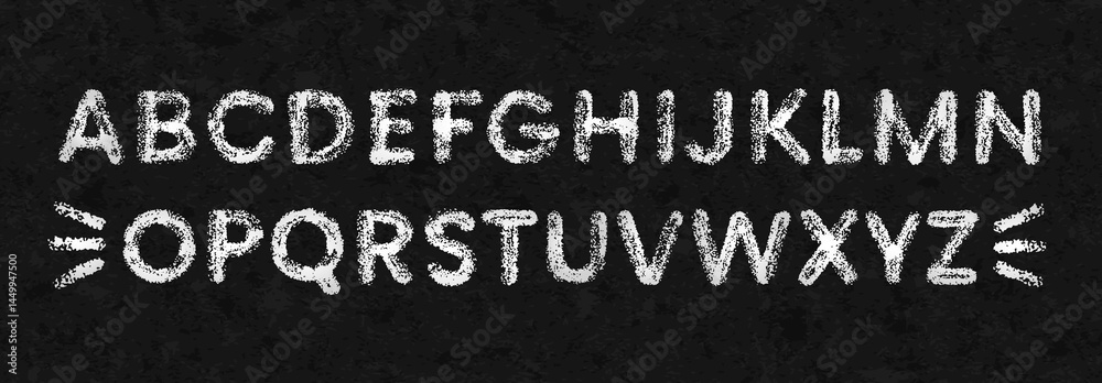 Obraz premium English alphabet, chalk font letters on school blackboard. White type drawn with paint brush on black chalkboard. Doodle font signs with crayon pencil texture on grunge background, vector illustration