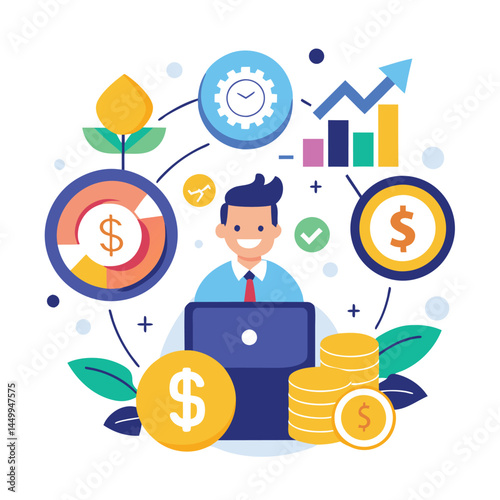 Illustration depicting a business purchase involving investment and financial transactions. This artwork conveys concepts of currency, capital, profit, trading, and finance, ideal for business investm