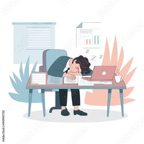 businessman sleeping on chair illustration with office background illustration design