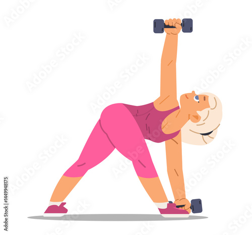 Beautiful blonde sporty girl in pink sportwear doing exercises with dumbbells on white background. Sport vector character