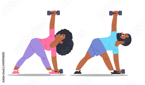 Young African American couple doing exercises with dumbbells on isolated background. Cute workout vector illustration
