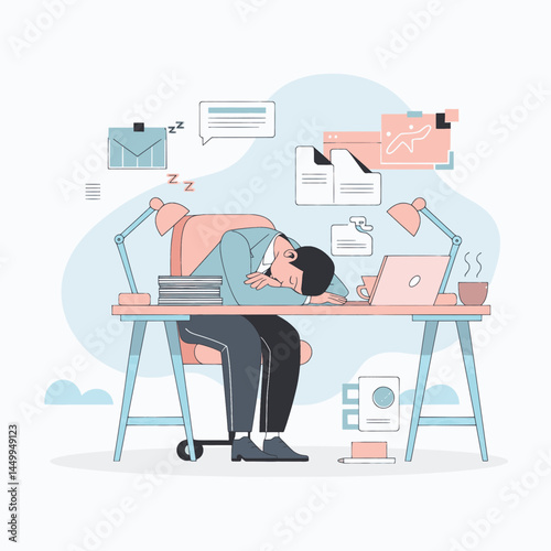 businessman sleeping on chair on office background design illustration