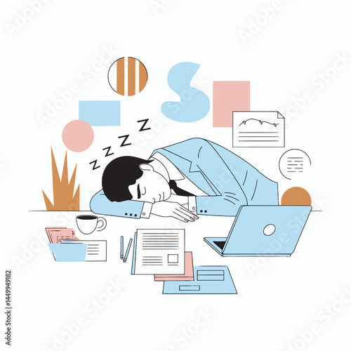 businessman sleeping on chair on office background design illustration