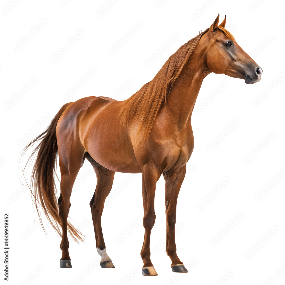 Obraz premium Majestic Horse Portrait: Capturing the grace and power of a chestnut horse standing, showcasing its flowing mane and regal posture against a backdrop of purity.