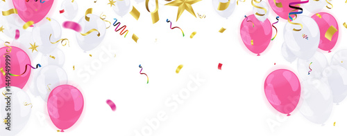 Happy birthday vector illustration. Confetti and ribbons White and pink balloons, confetti, design template for birthday celebration. art