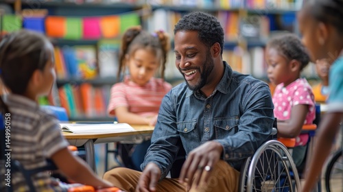 Teacher interacting with diverse students in a classroom photo