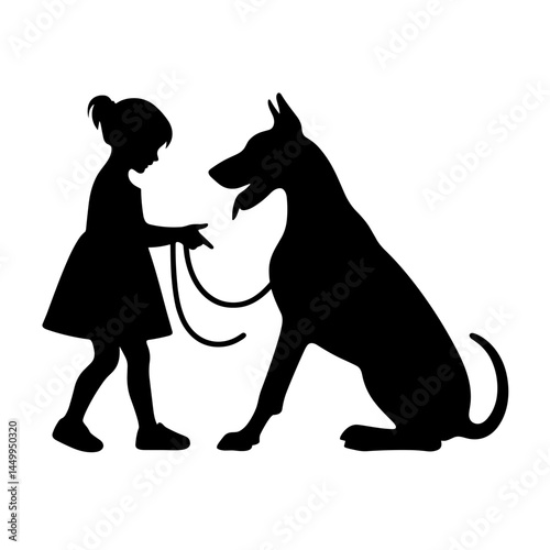 Girl giving leash to large dog silhouette