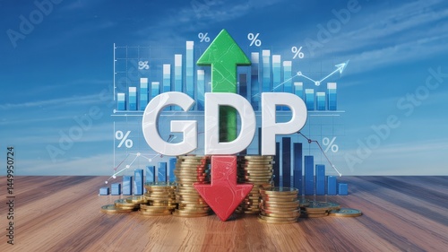 Composite graphic displaying GDP with upward and downward trends.