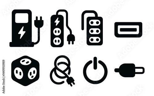 Electrical charging outline icon set – linear, power supply, energy connection symbols