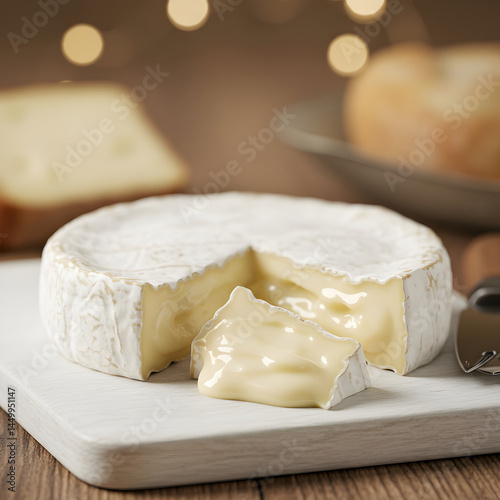 A wheel of brie cheese with a slice removed on a white board with blurred background lights
