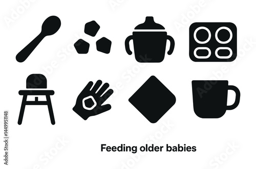 Baby feeding essentials solid icons set – silhouette, infant nourishment and toddler mealtime