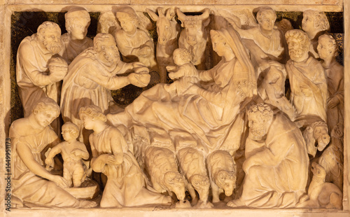 PISTOIA, ITALY - MARCH 16, 2025: The marble relief of Tree Magi on the medieval pulpit in the church Chiesa di San Giovanni Fuorcivitas by Guglielmo da Pisa (1270).