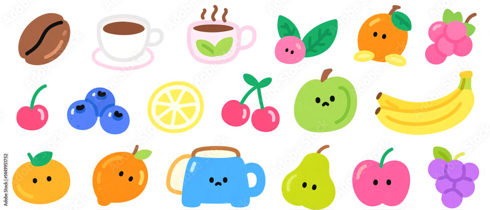 Cute Kawaii Fruits, Coffee, and Tea Clipart Illustration Cute Kawaii Fruits, Coffee, and Tea Clipart Illustration