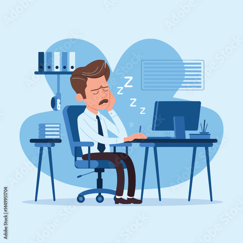businessman sleeping on chair with office background design flat illustration