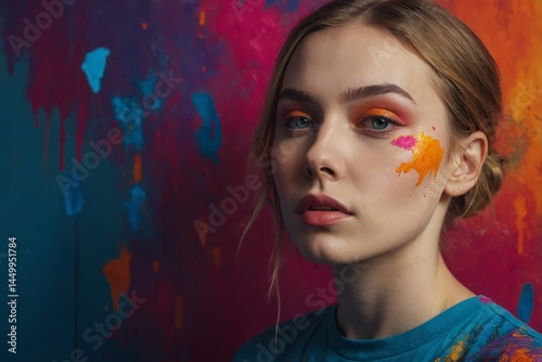 A brilliantly vibrant studio portrait of a young woman, her features bursting with life amid a striking palette of colors
