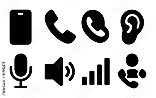 Communication silhouette icons set – solid, filled, phone and conversation symbols