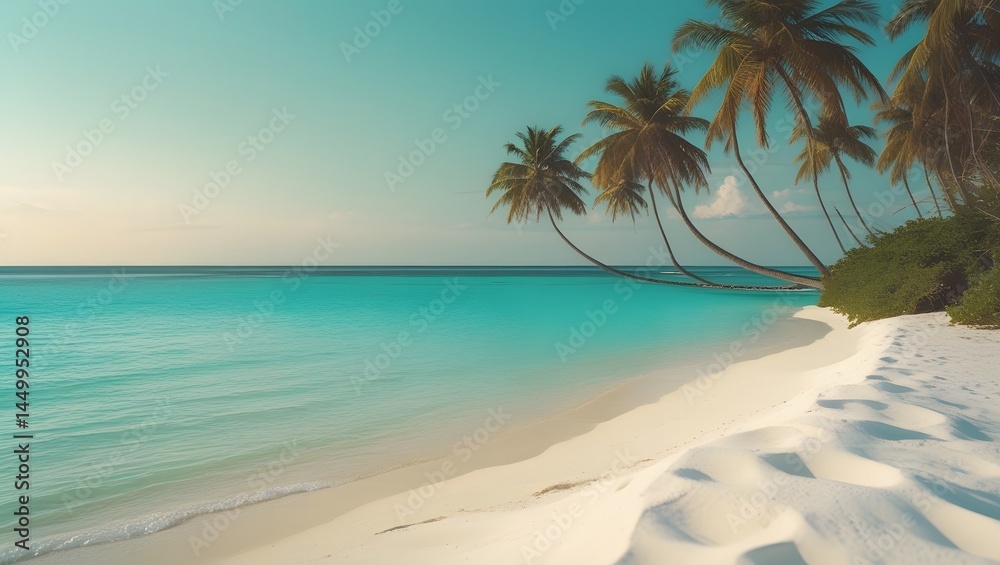 Fototapeta premium Tropical Beach with Palm Trees and Turquoise Ocean Water.