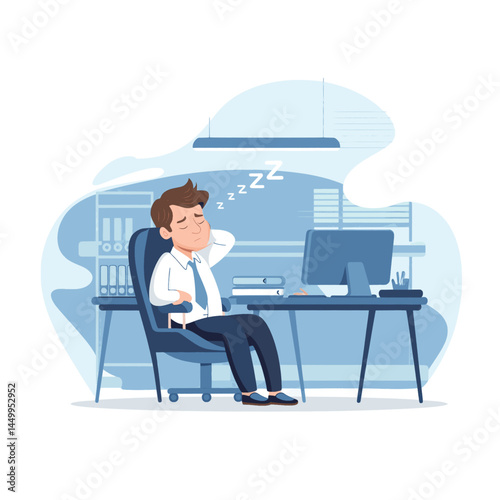 businessman sleeping on chair with office background flat design illustration
