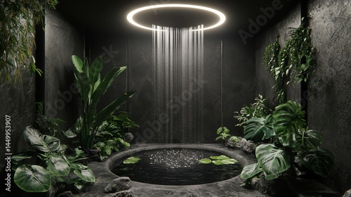 Dark, tranquil space with a waterfall feature and lush greenery, perfect for relaxation.  A serene indoor garden oasis