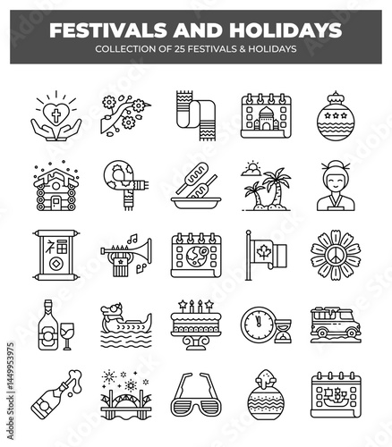 Collection of 25 Festivals and Holidays. Cultural Celebration Icons