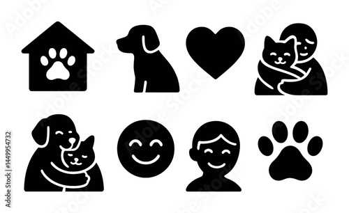 Pet care silhouette icons set – solid, filled, animal welfare and adoption symbols