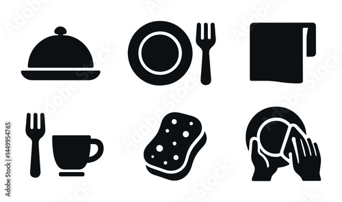 Kitchen cleaning and dinnerware silhouette icons set - dishware, utensils, housekeeping graphics
