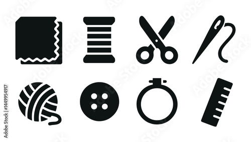 Sewing and needlecraft icon set - silhouette, crafting, stitching, needlework symbols
