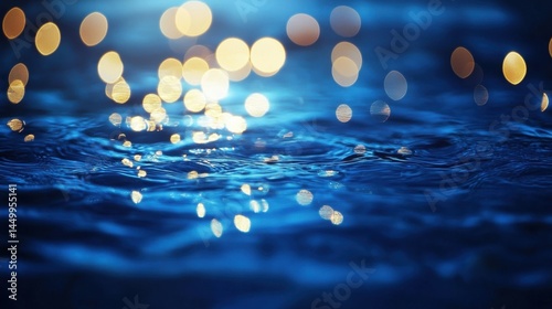 blue water surface with golden bokeh lights
