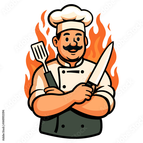 Design vector chef logo with chefs hat and knife. Grill, bbq barbecue logo with flame. Happy cooking man.