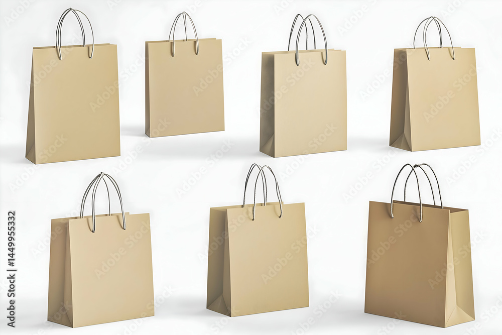 A set of realistic paper bags with handles offering a simple and elegant design mockup perfect for showcasing retail branding and packaging. A set of realistic paper bags with handles offering a simple and elegant design mockup perfect for showcasing retail branding and packaging.