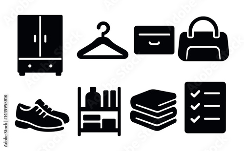 Wardrobe and closet essentials solid icons set – clothing, storage, and organization symbols