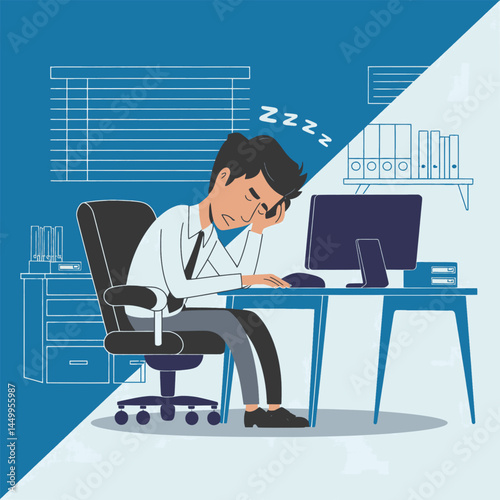 businessman sleeping on chair with office flat background illustration design