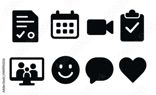 Online communication solid icons set – digital interaction, messaging, virtual meeting symbols