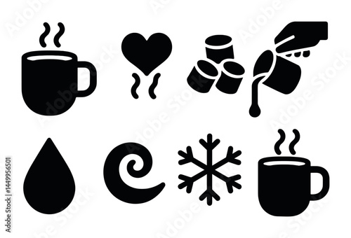 Cozy beverage silhouette icon set – filled, winter drinks and hot beverages graphics