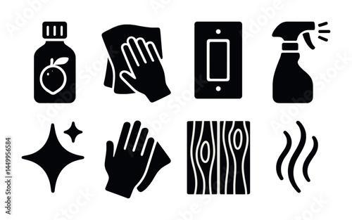 Home cleaning solid icons set – essential, household, sanitation and hygiene symbols