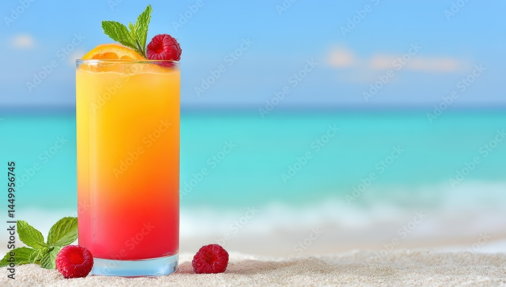 Obraz premium A vibrant tropical cocktail with raspberries and mint, served on sandy beach with turquoise ocean in the background.