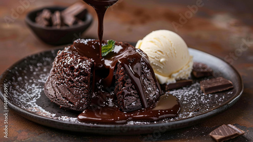 Melting Moments of Chocolate Indulgence: A Warm Lava Cake Flows with Rich Ganache, Crowned with Vanilla Ice Cream and Fresh Strawberries, a Perfect Dessert.