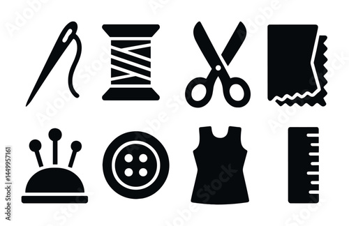 Sewing and tailoring solid icons set – silhouette, needlework, dressmaking symbols