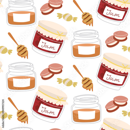 pattern of sweets for a tea party. Lollipops, candies, cookies, pasta, jam, honey. Individual tea party items on a white background. Different types of drawings of sweet objects in texture