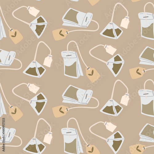 pattern is flat tea bags and pyramids. Green, black, triangular, rectangular tea bags for brewing. a bag with a label. The texture. For hot drinks that can be brewed with water. Color illustration