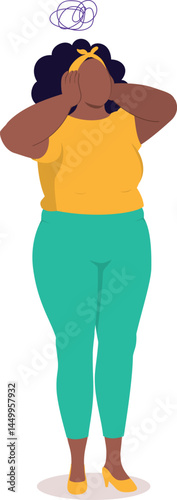 One Overwhelmed Plus Size Black Woman Cover Her Ears With Both Hands.
